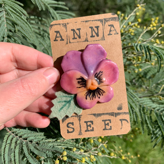 Anna Seed Art | Brooch - Pansy. Handmade Polymer Clay Brooch