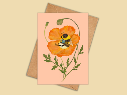 Beebliophile greeting card by Anna Seed: a bumblebee reading a tiny book inside an orange poppy on peach