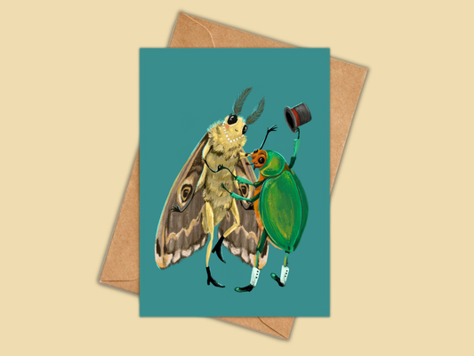 Fancy Dancing greeting card by Anna Seed: a fluffy moth dancing with a green beetle tipping his top hat, on teal