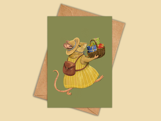 House Mouse greeting card by Anna Seed: a mouse in a straw hat and yellow dress carrying a basket of gifts, on olive