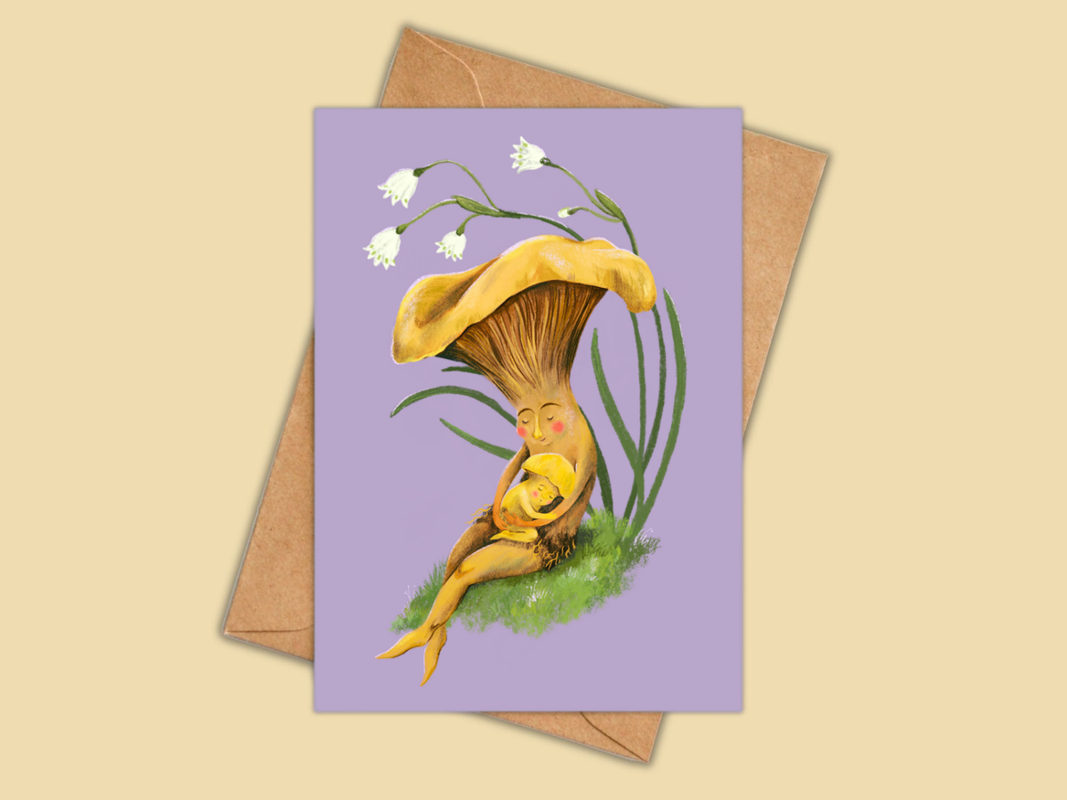 Mushroom Snuggles greeting card by Anna Seed: a mushroom parent cuddling a sleeping baby mushroom, on lilac
