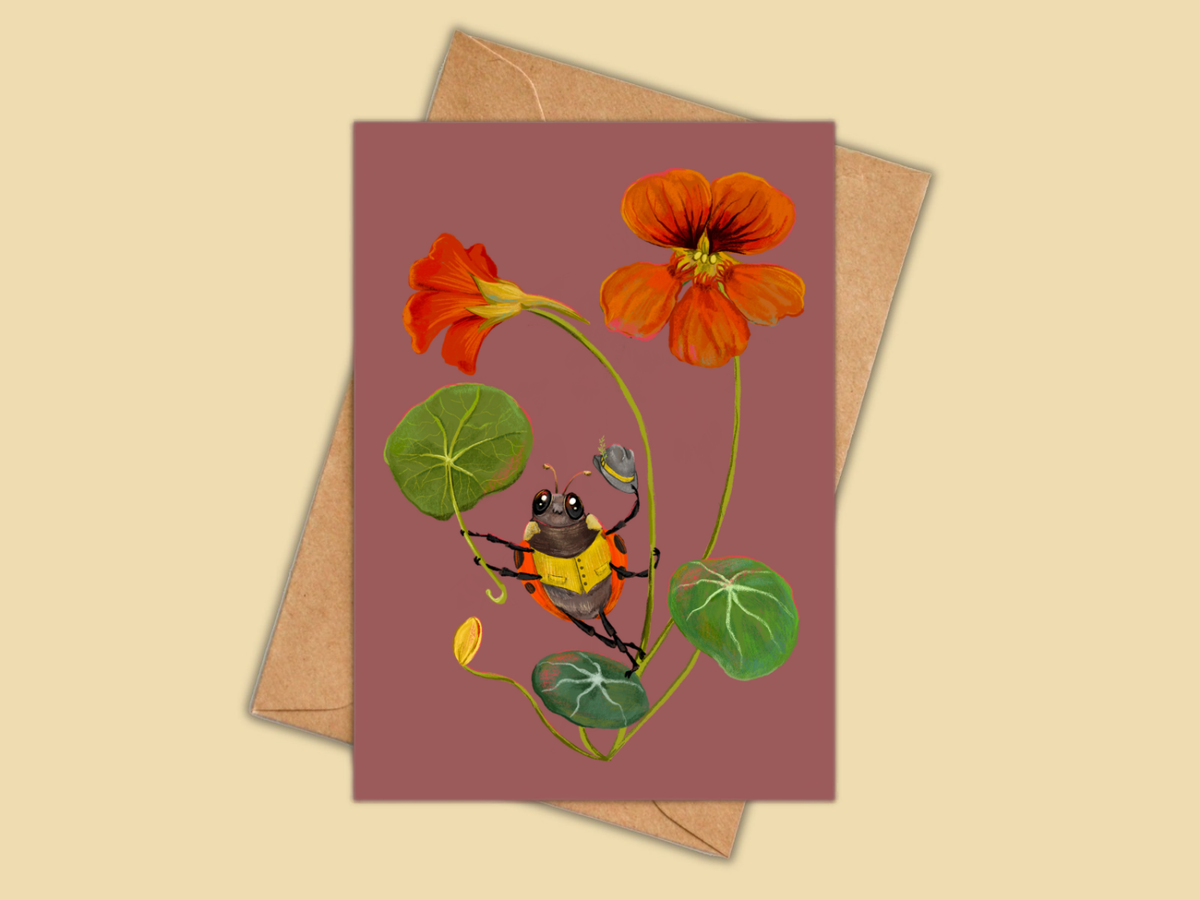 Sunshower greeting card by Anna Seed: a little beetle in a yellow coat among orange nasturtiums, on dusty rose