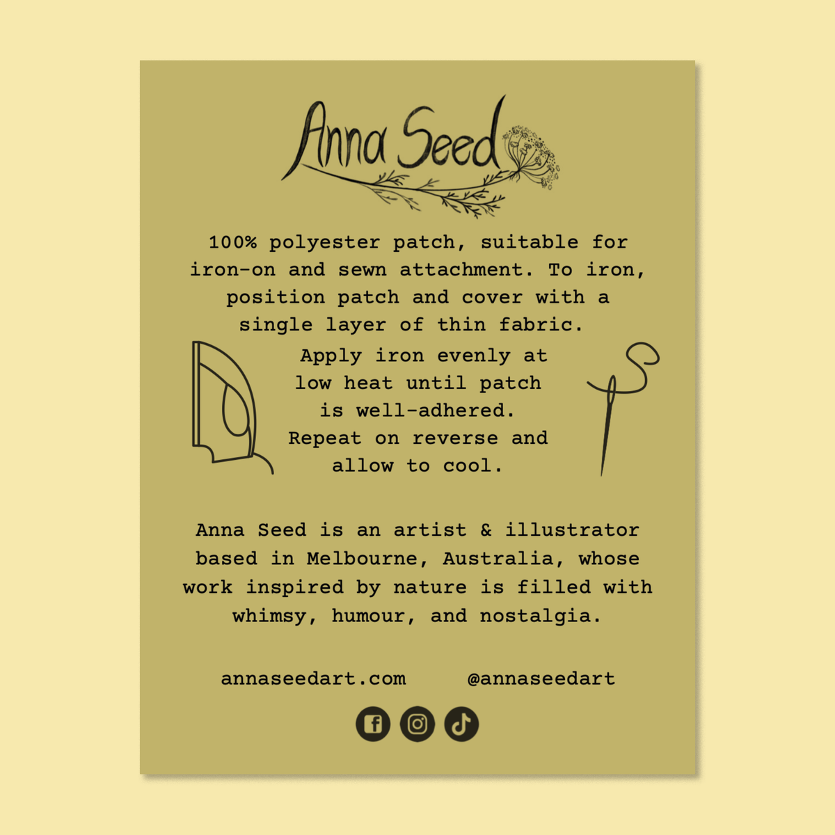 Reverse of the iron-on patch backing card with care and ironing instructions, an artist bio and social links