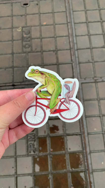 Video: the Bicycle Frog sticker held up in a hand outdoors above a grey metal grate on the footpath