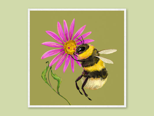A Beauty to Beehold art print by Anna Seed: a fluffy bumblebee hugging a smiling pink daisy on olive green
