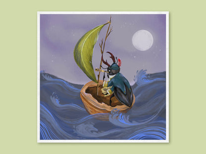 Admiral Stagg art print by Anna Seed: a stag beetle with a telescope sailing a walnut-shell boat on a moonlit sea