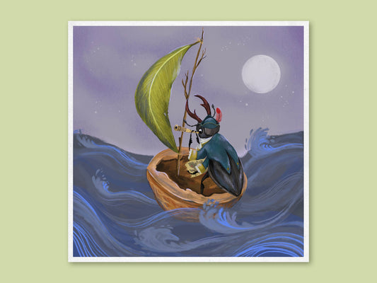 Admiral Stagg art print by Anna Seed: a stag beetle with a telescope sailing a walnut-shell boat on a moonlit sea
