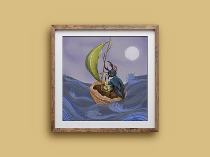 Admiral Stagg art print in a wooden frame, a stag beetle sailing a walnut boat with a leaf sail, on a mustard wall