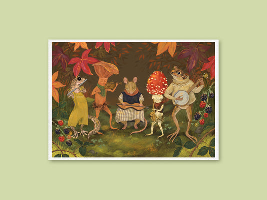 Autumn Jam art print by Anna Seed: a frog, mouse, gecko and mushroom folk playing music among red autumn leaves