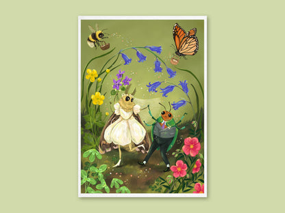 A Wee Wedding art print by Anna Seed: a moth bride and beetle groom dancing under bluebells with a bee and butterfly