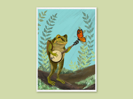 Banjo Frog art print by Anna Seed: a frog playing banjo to a monarch butterfly against a sky blue background with ferns