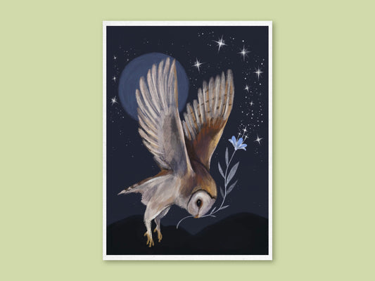 Barn Owl in Flight art print by Anna Seed: an owl swooping with a blue flower under a full moon and starry sky