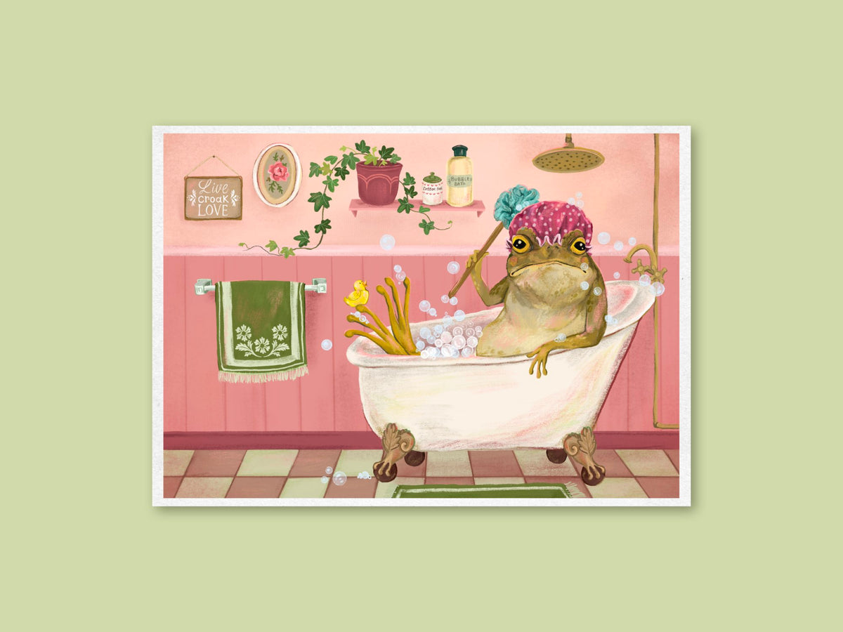 Bath Time art print by Anna Seed: a toad in a polka-dot shower cap scrubbing in a clawfoot tub in a pink bathroom