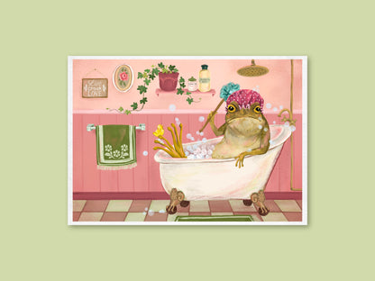 Bath Time art print by Anna Seed: a toad in a polka-dot shower cap scrubbing in a clawfoot tub in a pink bathroom