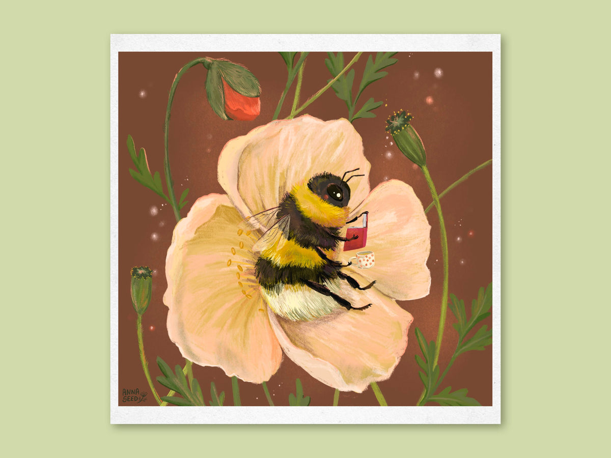 Bee Cosy art print by Anna Seed: a bumblebee reading a tiny red book inside a peach poppy on a rust background