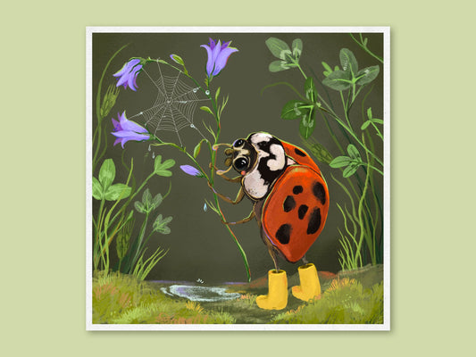 Beetle Boots art print by Anna Seed: a ladybird in yellow gumboots admiring a dewy spiderweb on purple bellflowers