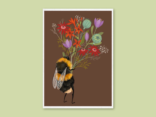 Bee with a Posy art print by Anna Seed: a fluffy bumblebee carrying a big bunch of wildflowers on chocolate brown
