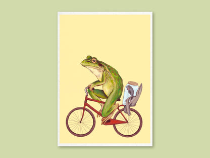 Bicycle Frog art print by Anna Seed: a green frog riding a red bicycle with a fish in a jar, on pale yellow