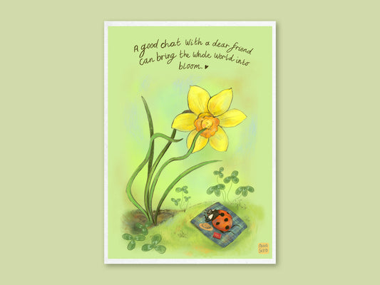 Blossoming Friendship art print by Anna Seed: a ladybird picnicking by a daffodil, with a handwritten friendship quote