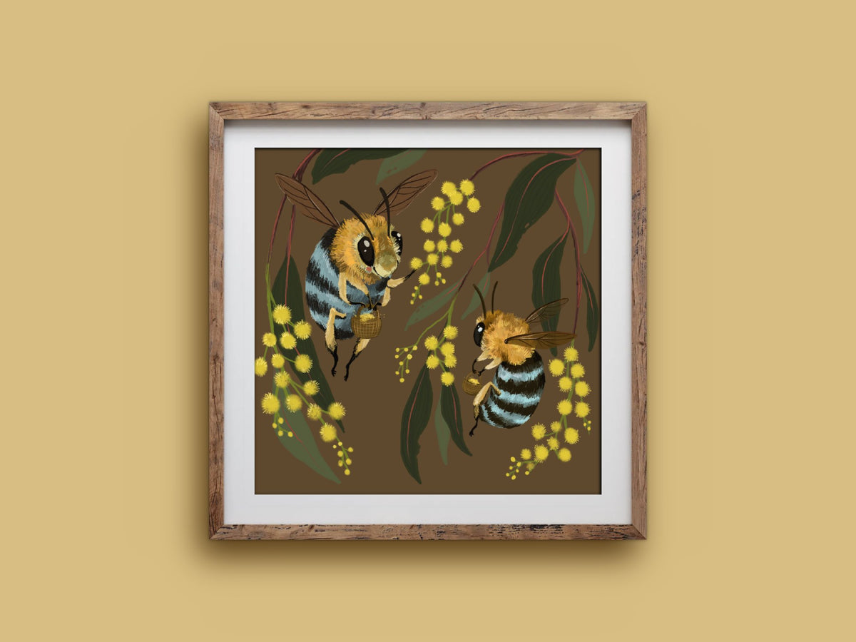 Blue-banded Bees art print in a wooden frame, native bees gathering wattle blossoms on brown, on a mustard wall
