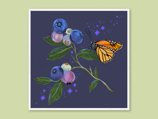 Blueberries art print by Anna Seed: a monarch butterfly on a sprig of ripening blueberries against a sparkly navy sky