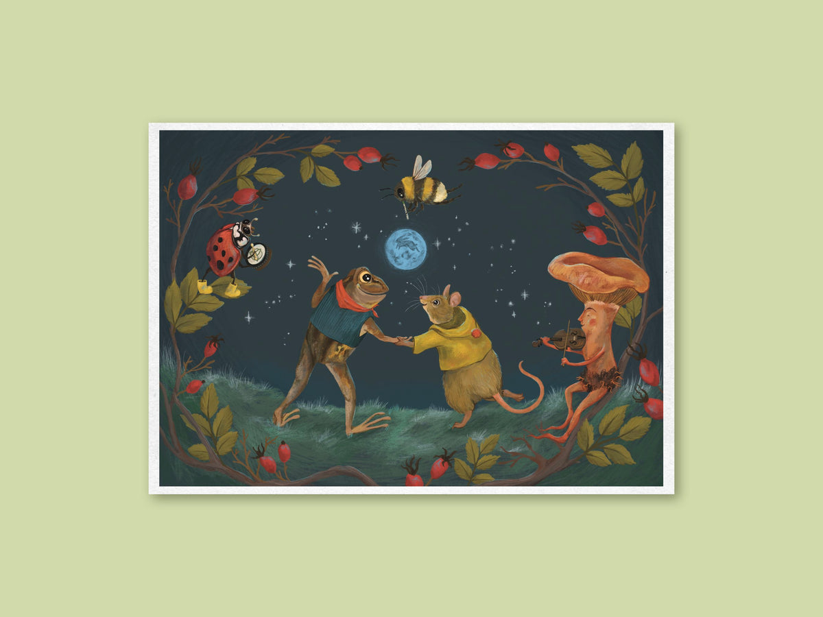 Blue Moon art print by Anna Seed: a frog and mouse dancing under a blue moon while a mushroom plays fiddle