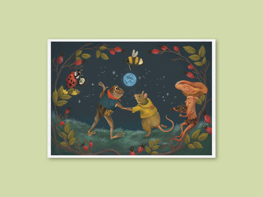 Blue Moon art print by Anna Seed: a frog and mouse dancing under a blue moon while a mushroom plays fiddle