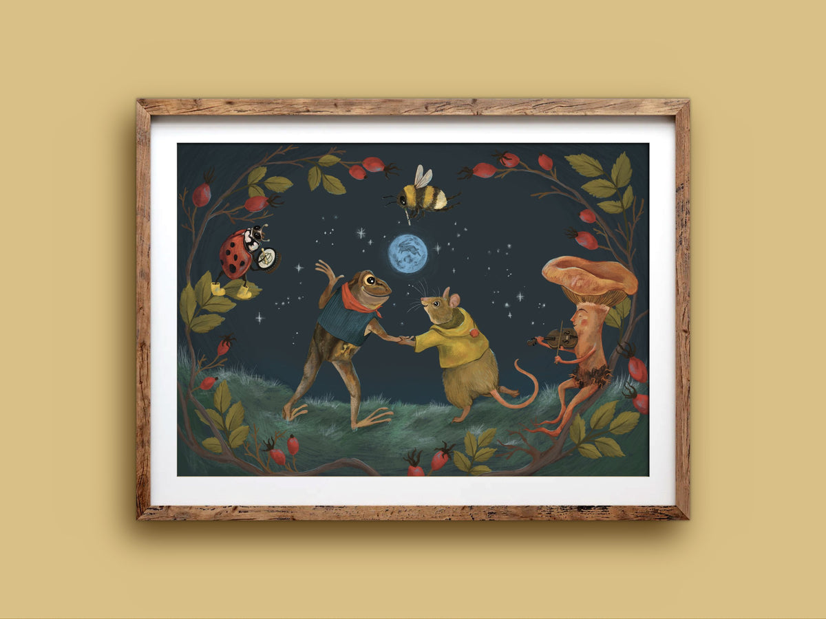 Blue Moon art print in a wooden frame, woodland friends dancing in a rosehip-lined night meadow, on a mustard wall