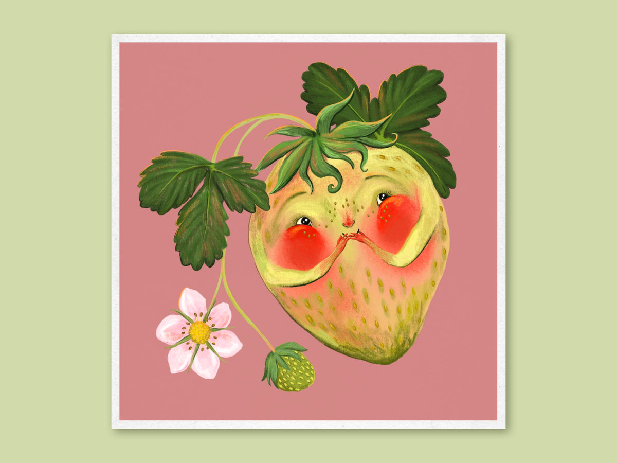 Blushing Berry art print by Anna Seed: a pale strawberry with rosy cheeks and a white blossom on dusty pink