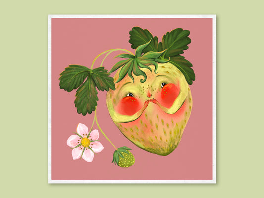 Blushing Berry art print by Anna Seed: a pale strawberry with rosy cheeks and a white blossom on dusty pink