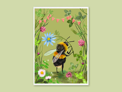 Bumblebee art print by Anna Seed: a fluffy bee among clover, daisies and pink bunting on a soft olive background
