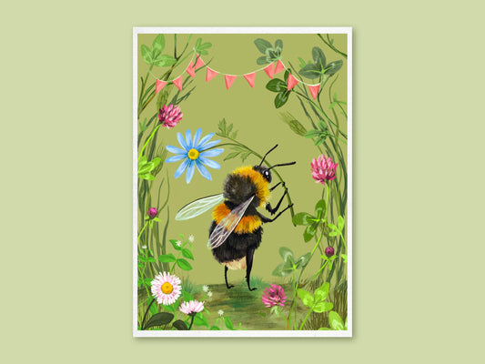 Bumblebee art print by Anna Seed: a fluffy bee among clover, daisies and pink bunting on a soft olive background