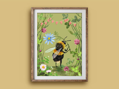 Bumblebee art print in a wooden frame, a bumblebee in a wildflower meadow under bunting, on a mustard wall