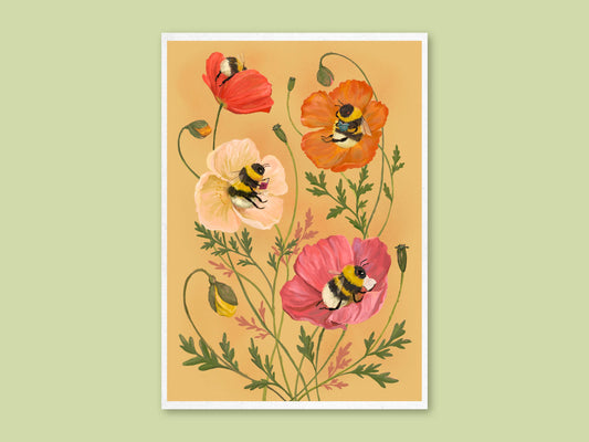 Bumblebee Bibliophiles art print by Anna Seed: four bumblebees reading inside red, peach and pink poppies on apricot