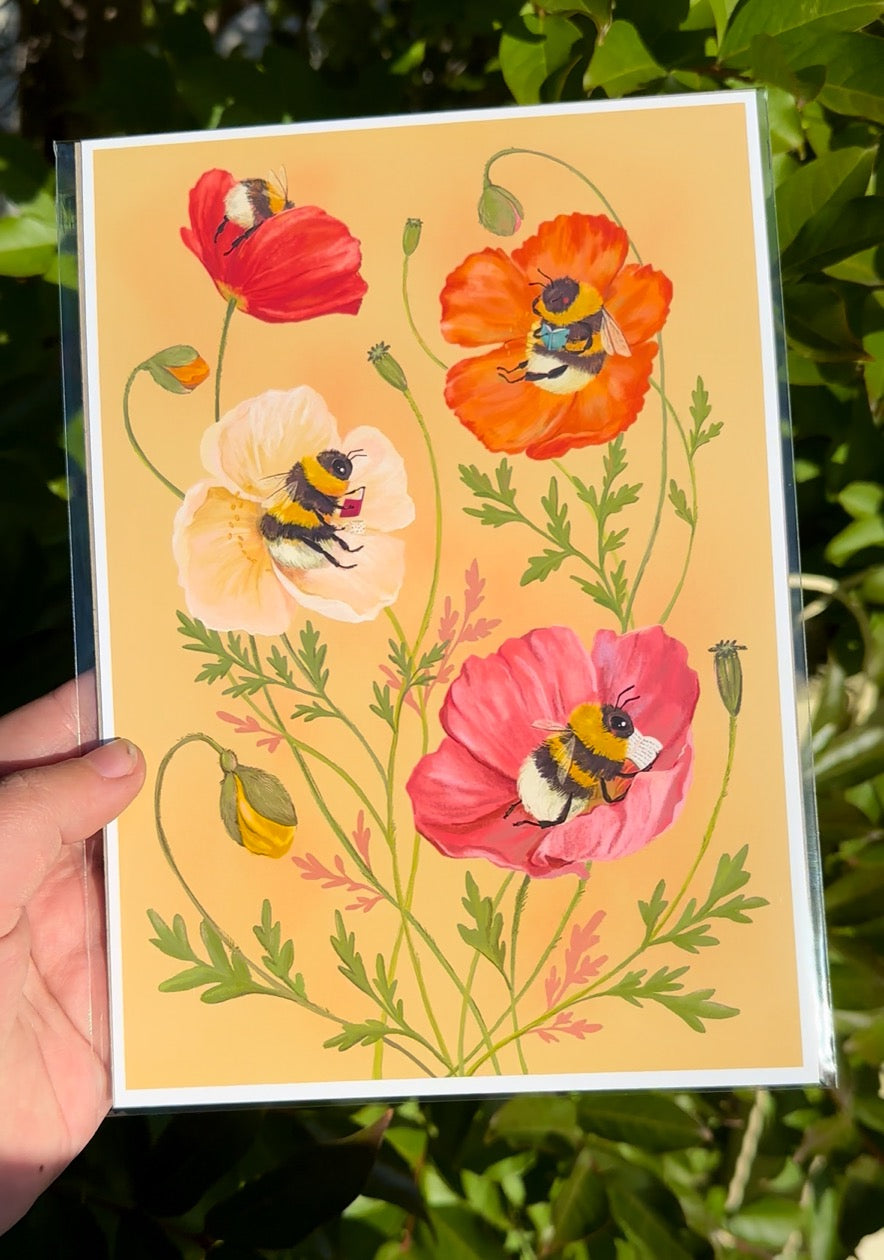 Hand holding the Bumblebee Bibliophiles art print in a sleeve, bees curled up in poppies, against green foliage