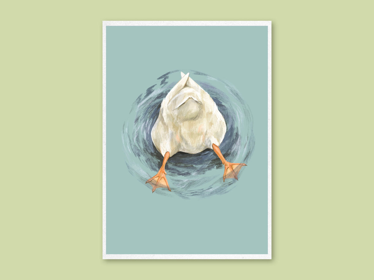 Butt Quack art print by Anna Seed: a white duck upended in swirling blue water, tail and orange feet up, on a green backdrop