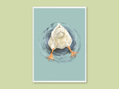Butt Quack art print by Anna Seed: a white duck upended in swirling blue water, tail and orange feet up, on a green backdrop