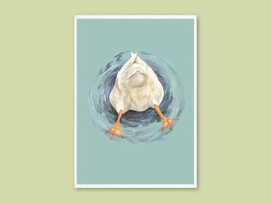 Butt Quack art print by Anna Seed: a white duck upended in swirling blue water, tail and orange feet up, on a green backdrop
