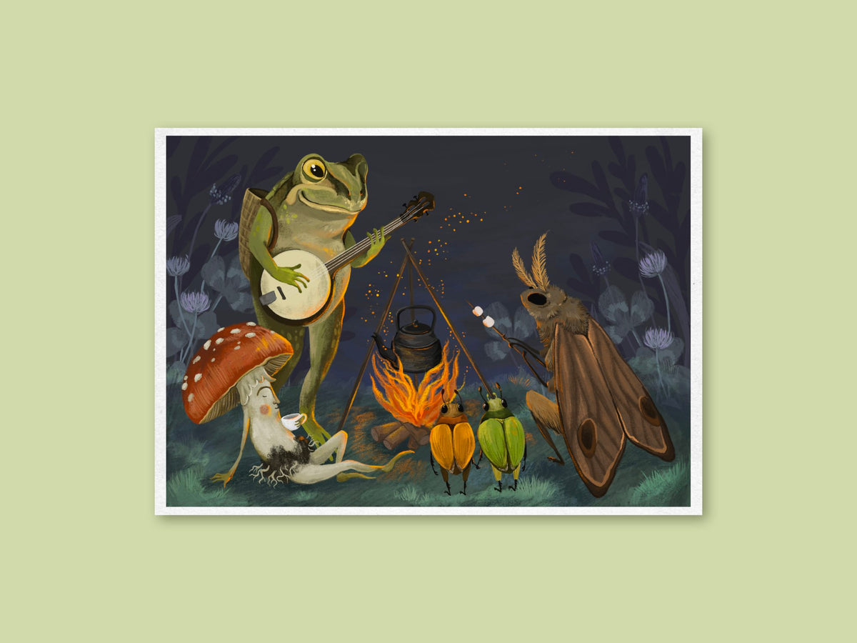 Campfire art print by Anna Seed: a frog plays banjo while a moth toasts marshmallows and beetles and a toadstool relax by the fire