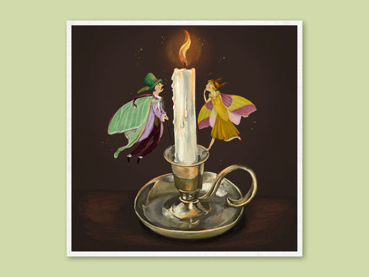 Candlelight art print by Anna Seed: two elegant moth folk in theatre finery flutter around a lit candle in a brass holder