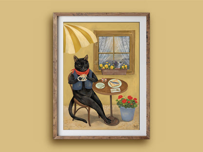 Cat Café print in a rustic wooden frame on a mustard wall, showing a black cat in a waistcoat enjoying coffee and toast