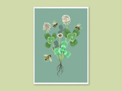 Clover art print by Anna Seed: white clover flowers, leaves and roots with honeybees buzzing around, on a sage green background