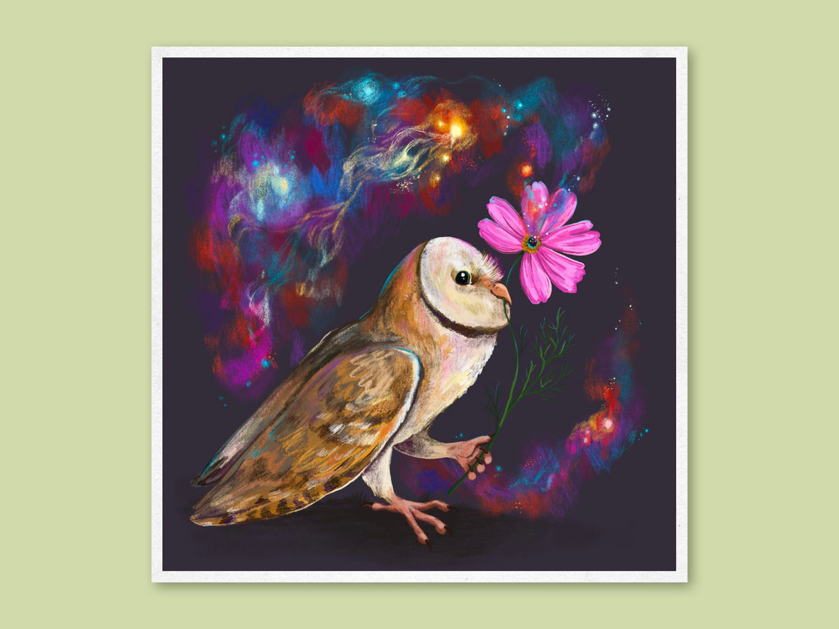 Cosmos art print by Anna Seed: a barn owl carrying a pink cosmos flower, trailing colourful stars and galaxies across a dark sky