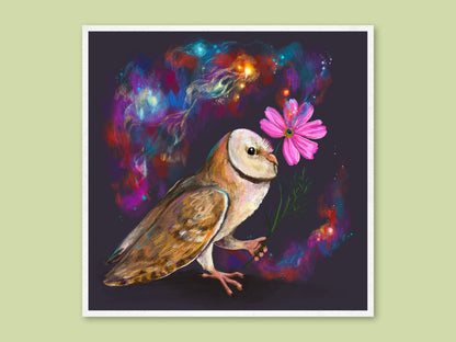 Cosmos art print by Anna Seed: a barn owl carrying a pink cosmos flower, trailing colourful stars and galaxies across a dark sky