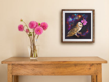 Framed Cosmos print of a barn owl and a pink cosmos flower against a starry galaxy, hung above a wooden table with dahlias