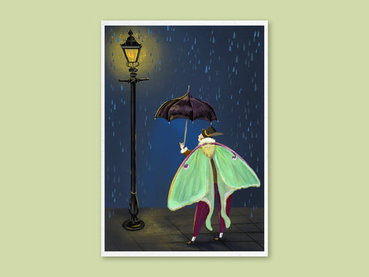 Count von Luna art print by Anna Seed: a luna moth gentleman with an umbrella stands by a glowing lamppost in the rain at night