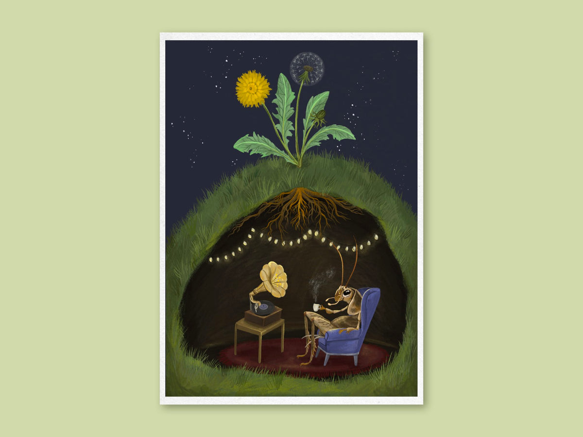 Cricket at Home art print by Anna Seed: a cricket sips tea in an armchair beside a gramophone in a burrow under a dandelion