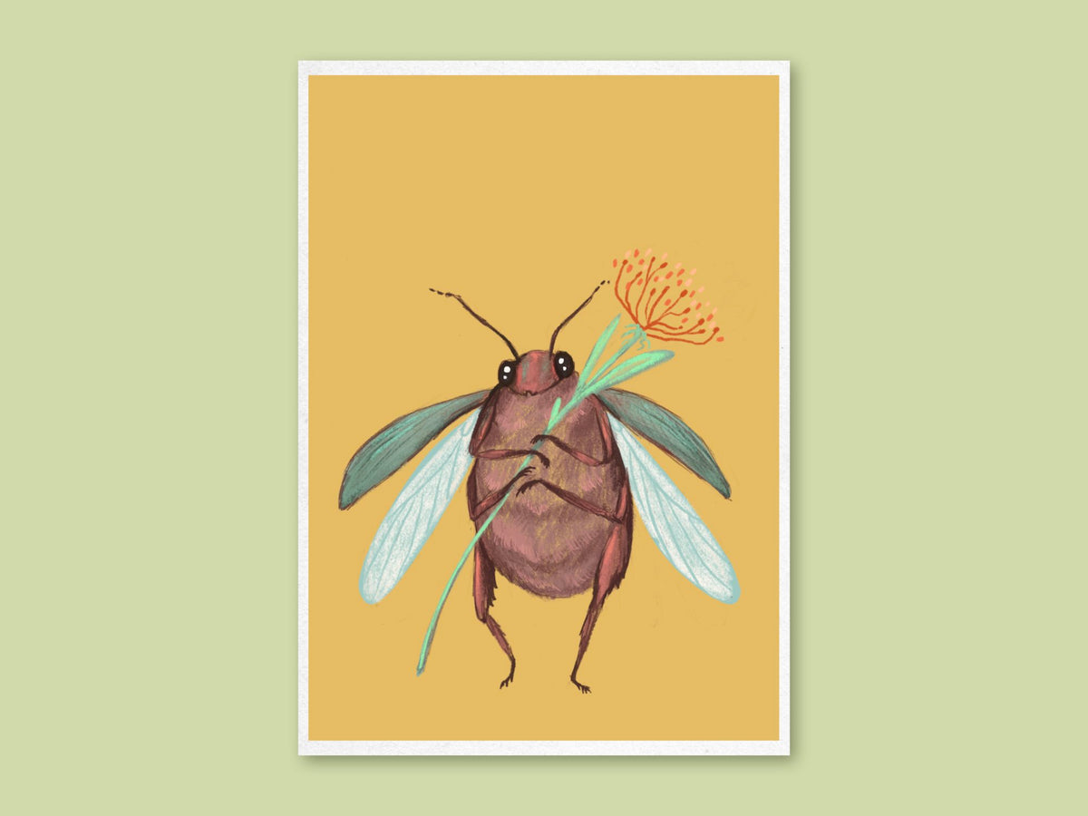 Cute Beetle art print by Anna Seed: a brown beetle with pale wings spread clutches an orange flower stem, on a mustard background