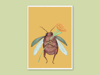 Cute Beetle art print by Anna Seed: a brown beetle with pale wings spread clutches an orange flower stem, on a mustard background