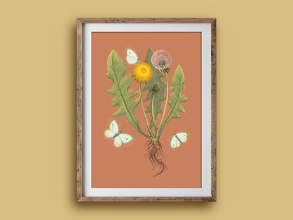 Dandelion print in a rustic wooden frame on a mustard wall, showing a botanical dandelion with fluttering white moths